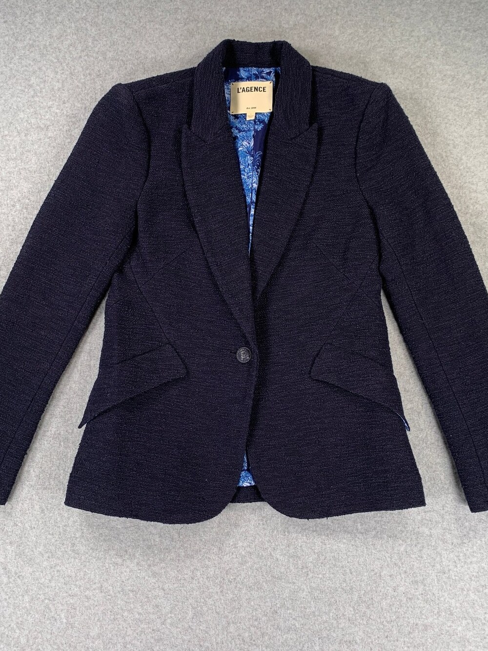 L'AGENCE Navy Tweed Blazer Jacket Women's Size 4 Blue Floral Lining